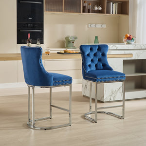 English Elm 25" High Back Velvet Counter Stools Set of 2 with Deep Button Tufting, Spring-Cushion Comfort & Chrome Base Blue W1143P217852