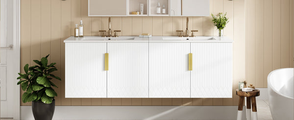 English Elm 60" Vintage Bathroom Vanity with Ceramic Sink Wall-Mount Modern Striped Design Durable MDF Wood Finish White N710SS00010K