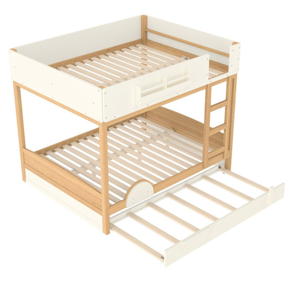 English Elm Queen Bunk Bed with Trundle Solid Pine Kids Car Themed Frame Built-in Bookshelf Natural+Beige W1580S00449