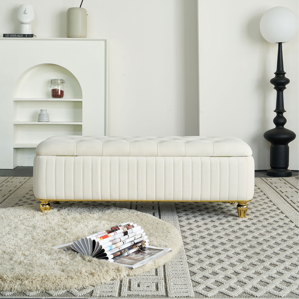 English Elm 47.24''W Storage Ottoman with Deep Button Tufting, Gold Accent Trim, Gas Lift, Sturdy Metal Legs Beige W579P224702