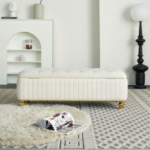 English Elm 47.24''W Storage Ottoman with Deep Button Tufting, Gold Accent Trim, Gas Lift, Sturdy Metal Legs Beige W579P224702