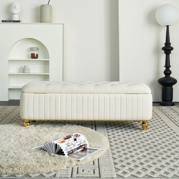 English Elm 47.24''W Storage Ottoman with Deep Button Tufting, Gold Accent Trim, Gas Lift, Sturdy Metal Legs Beige W579P224702