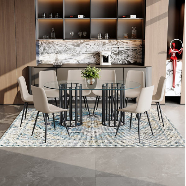 English Elm Table and Chair Set Oval Tempered Glass Seats 8 Light Luxury Dining Room W1151S04751