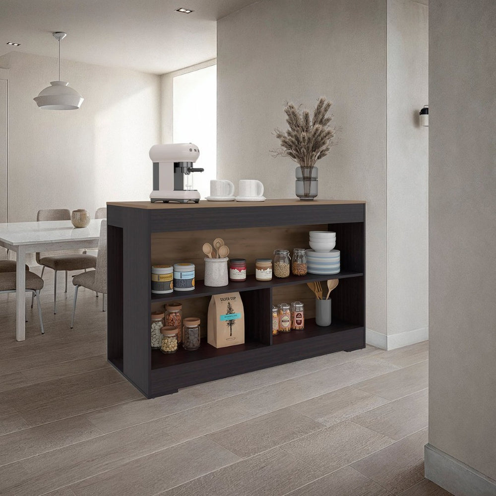 English Elm Wenge Finish Kitchen Island with Three Open Shelves for Modern Loft Organization B062S01860