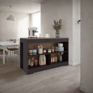 English Elm Wenge Finish Kitchen Island with Three Open Shelves for Modern Loft Organization B062S01860
