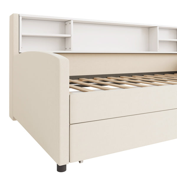 English Elm Twin Velvet Upholstered Platform Bed with Plush Headboard, Underbed Drawers & Hidden Cabinet Storage Beige SF000183AAA