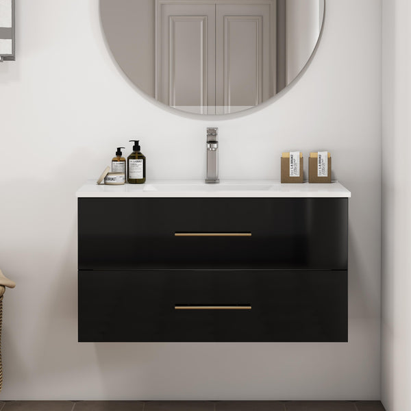 English Elm 36-Inch Modern Wall-Mounted Bathroom Vanity With Gold Handle & Integrated Sink For Stylish Storage W3151S00056