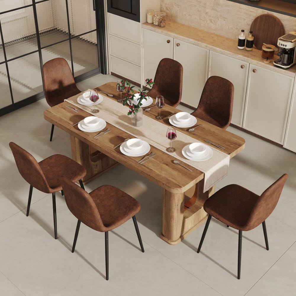 English Elm Table And Chair Set - Modern 64.5" Wood-Textured Dining Table With 6 Ergonomic Brown Chairs W1151S04086-GIGA