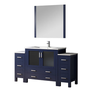 English Elm Navy Blue Bath Vanity Set With White Ceramic Top, Side Cabinets, Faucet & 34" Mirror For Elegance B2731S01377