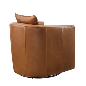 English Elm Jasmine Wax-Oiled Top Grain Leather Swivel Accent Chair — Barrel Design, Removable Cushions, Brown Finish B050P390587