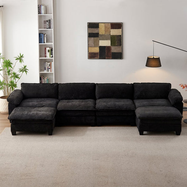 English Elm Living Room U-shape Chenille Sectional Sofa with Two Ottomans Pocket Coil Support Black W1097S00242