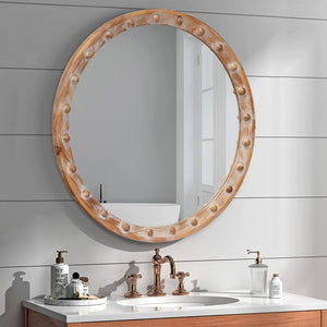 English Elm Round Rattan Textured Wall Mirror Natural Woven Frame Bohemian Accent for Any Room W2295P414106