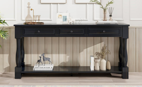 English Elm Trexm Distressed Entryway Console Table Three Drawers Open Shelf Mediterranean Wood Espresso N715P372052B