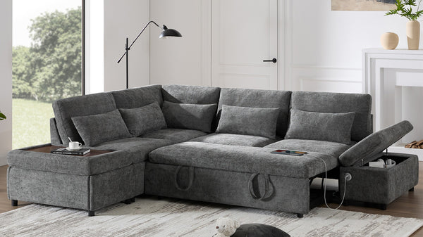 English Elm [video]107'' Chenille Sleeper Sectional with Usb Charging Storage Ottoman and Adjustable Armrest Gray N723S8782E
