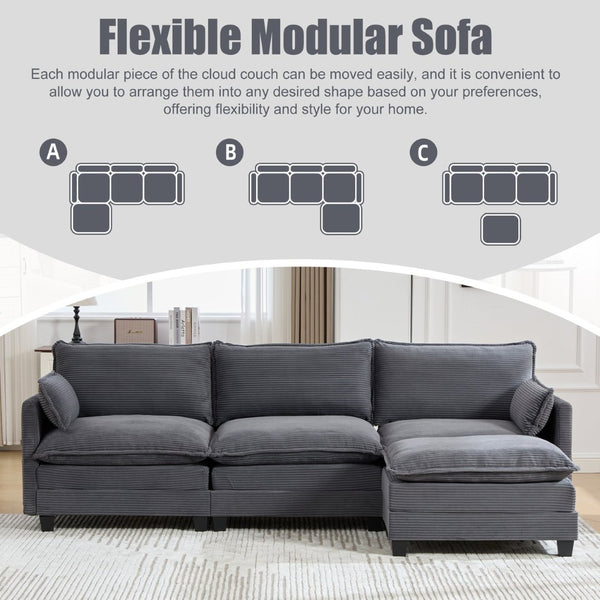 English Elm United We Win Modular Corduroy Sectional with Ottoman Low Profile Living Room Couch Gray W1568S00255