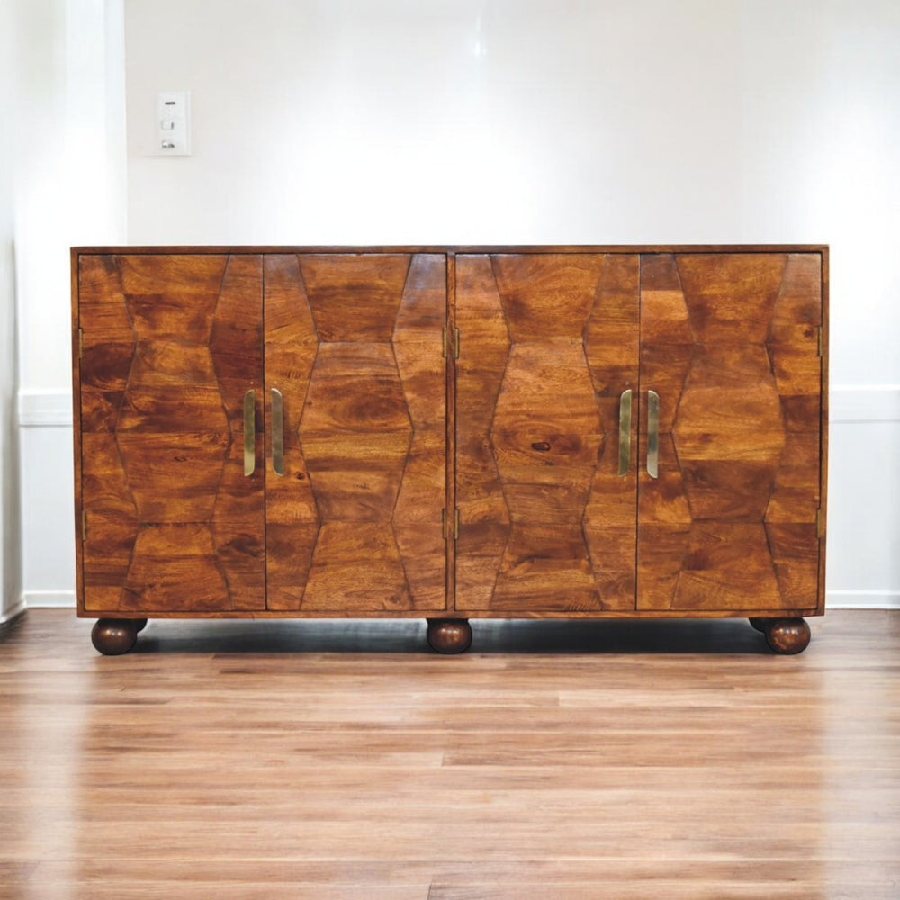 English Elm Solid Wood Wavecrest Chestnut Cabinet - Handcrafted Mango Wood With Wave Doors & 4 Spacious Shelves B182P279294-GIGA