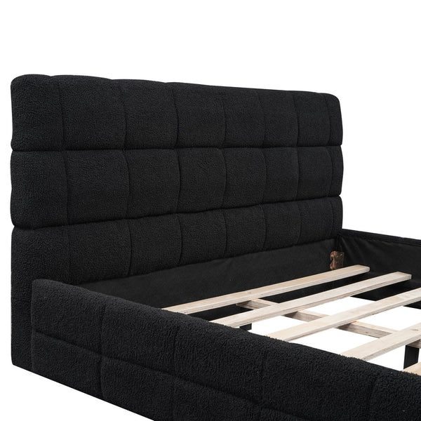 English Elm Queen Upholstered Platform Bed with Padded Headboard, Slat Support, Modern Stitch Detail for Comfort Black DL001520AAB