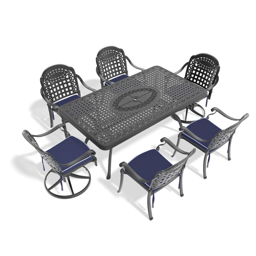 English Elm 7-piece Cast Aluminum Outdoor Dining Set with Swivel Chairs and Carved Relief Detail W1710S00594