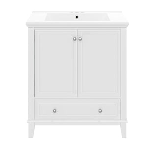 English Elm 30" Bathroom Vanity with Sink — Modern Freestanding 30" Cabinet with Ceramic Top, Drawer, Doors, Shelf White N725P221263K