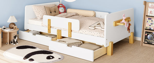 English Elm Twin Low Profile Kids Floor Bed Pine Wood Frame with Safety Rail and Built in Bookshelf Light White W1580P373241