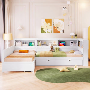 English Elm Wood Twin L-shaped Platform Bed Trundle Shelves Charging Station Kids Room White N7090001045K-1