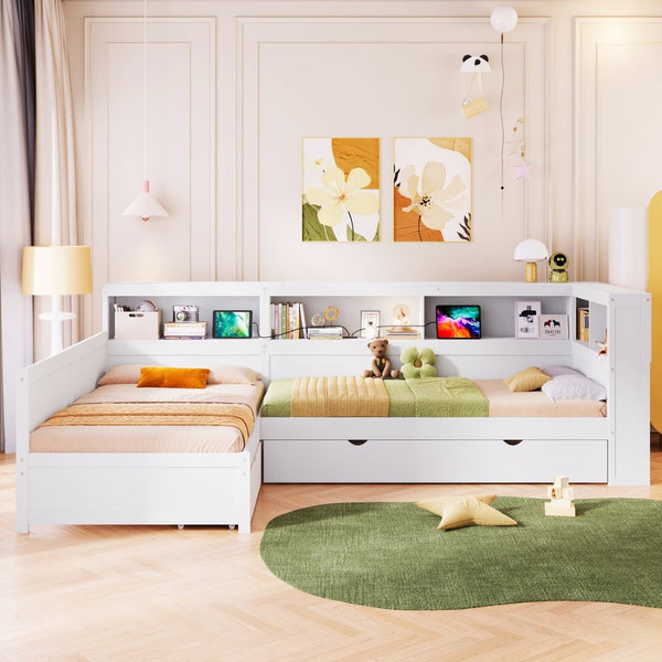 English Elm Wood Twin L-shaped Platform Bed Trundle Shelves Charging Station Kids Room White N7090001045K-1