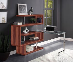 English Elm Buck Buck II Clear Glass Writing Desk with Chrome High Gloss Walnut Finish, Shelves, Wheels B2726S00028