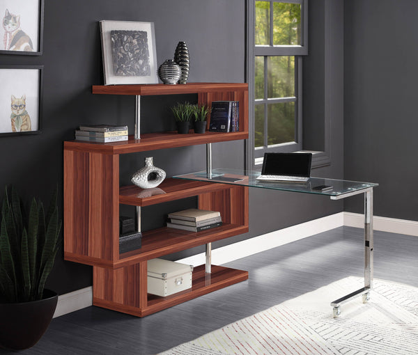 English Elm Buck Buck II Clear Glass Writing Desk with Chrome High Gloss Walnut Finish, Shelves, Wheels B2726S00028