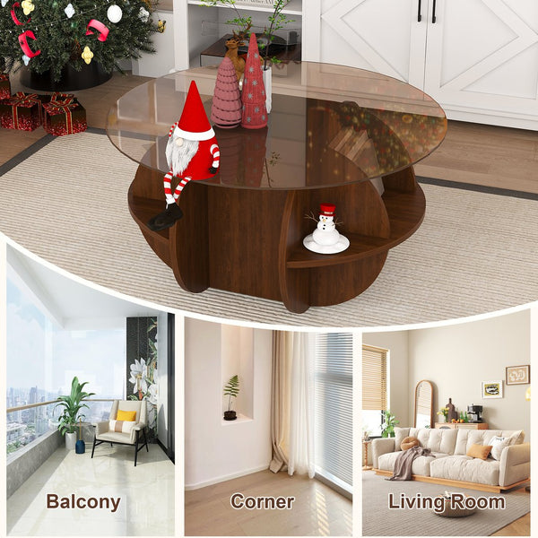 English Elm Round Coffee Table with 4-Tier Storage, 31.5" Modern Farmhouse Walnut MDF & Tempered Glass Top W2700P363937