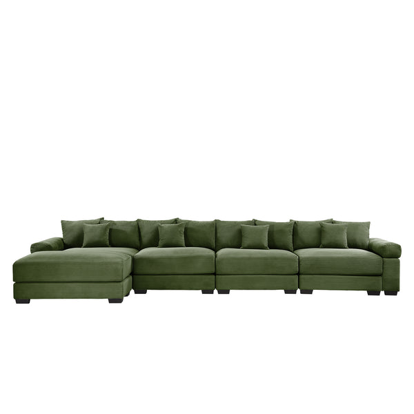 English Elm 170"Oversized Cloud Modular L-Shape Sectional Couch - Plush Corduroy, Ergonomic, 12 Pillows, Green W714S01336