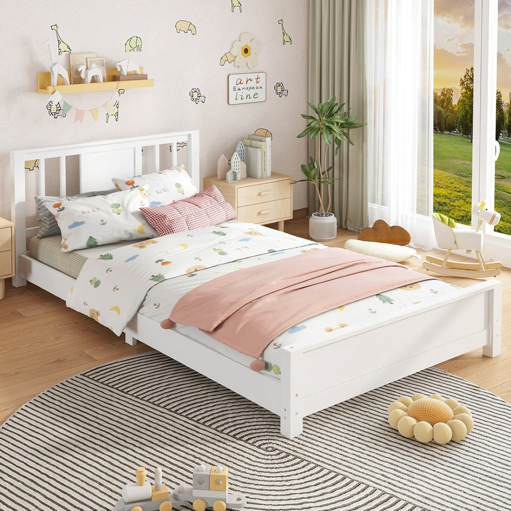 English Elm Twin Low Profile Floor Bed with Guardrails Pine Wood Frame Minimalist Bedroom White W1580P438797