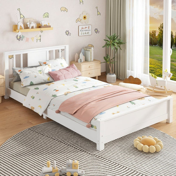 English Elm Twin Low Profile Floor Bed with Guardrails Pine Wood Frame Minimalist Bedroom White W1580P438797