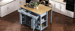 English Elm K&k Farmhouse Kitchen Island Extendable Table Rubber Wood Veneer Built-in Charging Storage Grey+Blue N707S215327G
