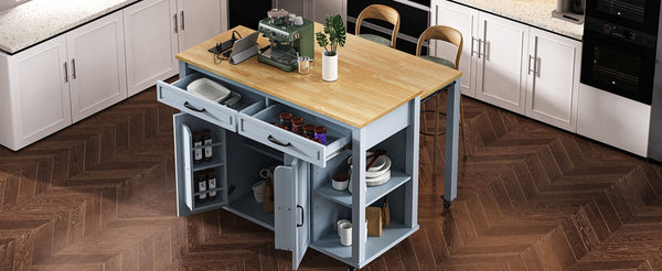 English Elm K&k Farmhouse Kitchen Island Extendable Table Rubber Wood Veneer Built-in Charging Storage Grey+Blue N707S215327G