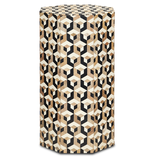 Geo Accent Table - Handmade Mango Wood & Bone Hexagonal Table with Multi-Colored Design for Style