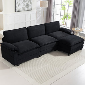 English Elm 113" Modern 3+1 L-Shaped Corduroy Sofa with Double-Layer Cushions, Cup Holders & Storage Bags Black W2715S00006