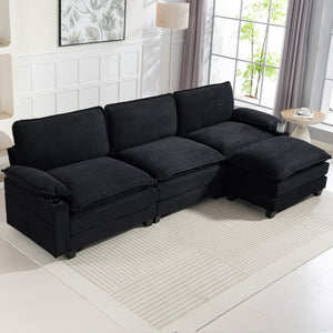 English Elm Modern Black Corduroy L-shaped Sectional with Ottoman for Spacious Living Rooms W2715P382263