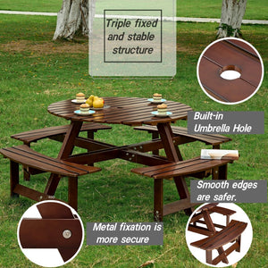 English Elm Outdoor 8-Person Round Picnic Table With Built-In Benches, Umbrella Hole & Waterproof Finish For Gardens W2275P149765-GIGA