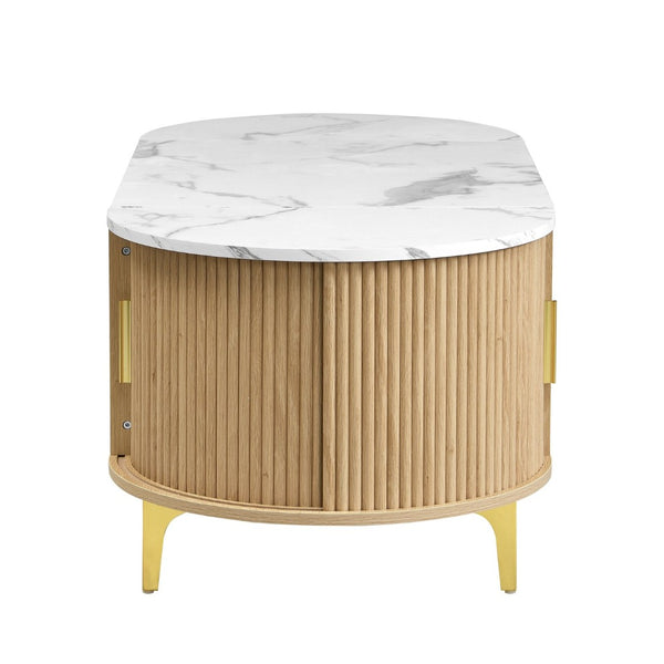 English Elm Modern Mid-century Coffee Table Tambour Doors Open Shelves Warm Wood Living Room Gold,Natural,White N770P333549N