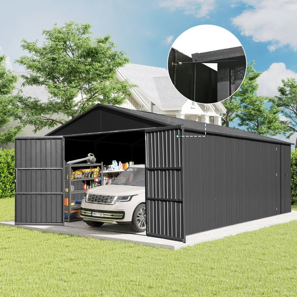 English Elm 12x15ft Outdoor Steel Carport Shed with Lockable Doors and Weather Resistant Frame W1859P382847