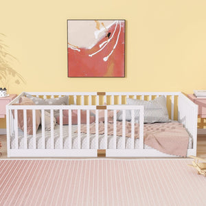 English Elm Twin Floor Bed Solid Rubber Wood with Tall Safety Railings for Toddler Sleep White W504P287643