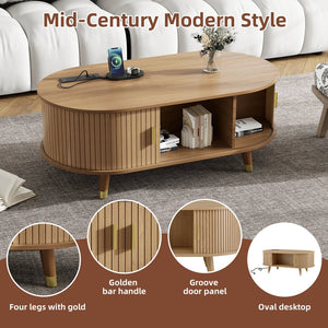 English Elm Wooden Fluted Farmhouse TV Stand & Coffee Table Set with Charging Station, Mid-Century Oval Design Natural N721S000049L