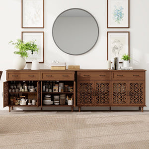 English Elm 4 Door Sideboard Buffet with Hand Carved Geometric Panels Black Oak Finish Raised Legs W688P359947