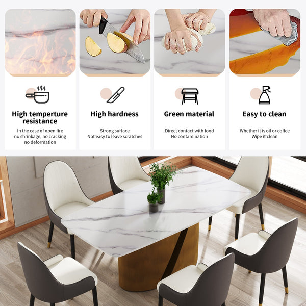 English Elm 70.86" Modern Dining Table With Curved White Sintered Stone Top & Bronze Iron Legs For 6-8 People W1535S00361