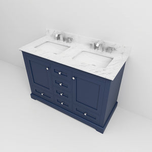 English Elm Navy Double Bath Vanity 48" W x 22" D with Carrara Marble Top, Soft-Close Storage & Chrome Faucet Set B2731P258333