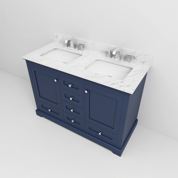 English Elm Navy Double Bath Vanity 48" W x 22" D with Carrara Marble Top, Soft-Close Storage & Chrome Faucet Set B2731P258333