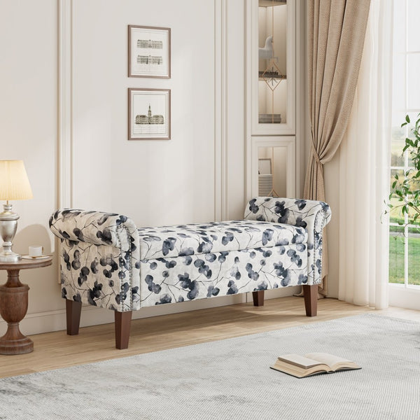English Elm Wallen Floral Upholstered Storage Ottoman Bench with Nailhead Trim and Wood Legs B127P278175