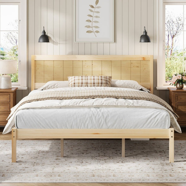 English Elm Platform King Bed Solid Pine Panel Headboard Wood Slat Base Modern Bedroom Frame Natural N709P425341N