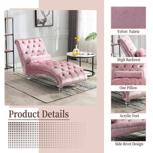 English Elm Velvet Curved Chaise Lounge Sofa with Button-Tufted Back, Thick Foam Comfort and Acrylic Legs for Living Room Relaxation Pink W39538676