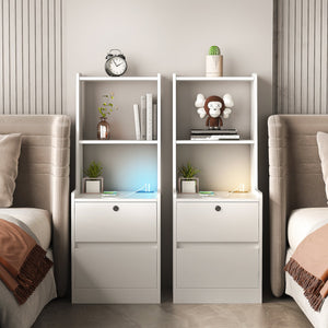 English Elm Nightstands with Built-In Charging, Voice-Control Night Light, Lockable Cabinet and Open Shelves for Bedroom White 45.86 L x 19.88 W x 10.22 H W1321P311160